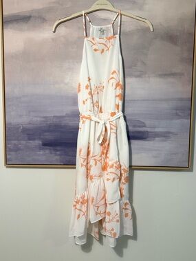 Joie White Flowy Dress with Peach Floral High-Low Hem